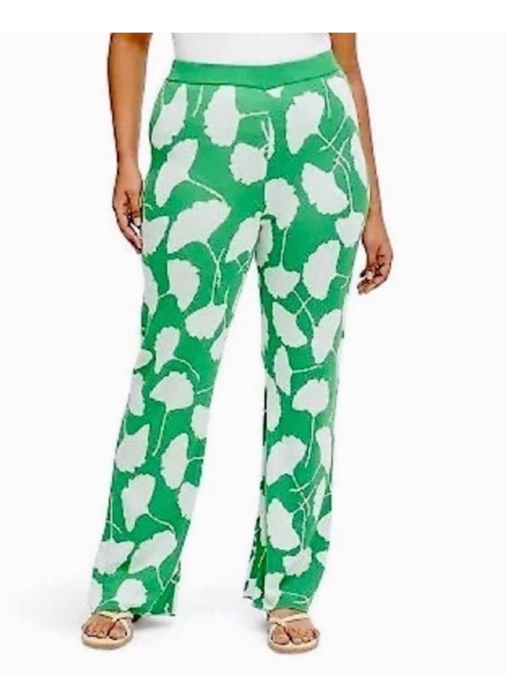 Diane Von Furstenberg Green and White Floral Wide-Leg Pants